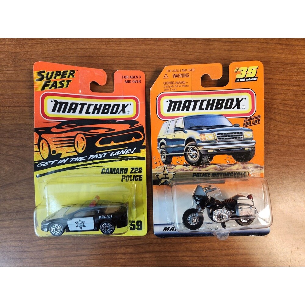 Vintage 1996 1999 Matchbox Camaro Z28 Police #59 & Police Motorcycle #35 New
